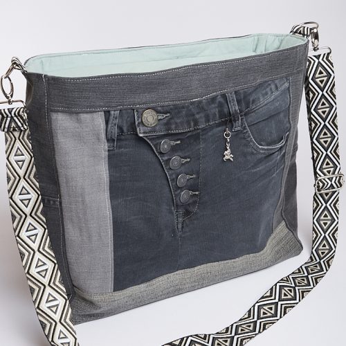 grosser upcycling Jeans Shopper grau | mint
