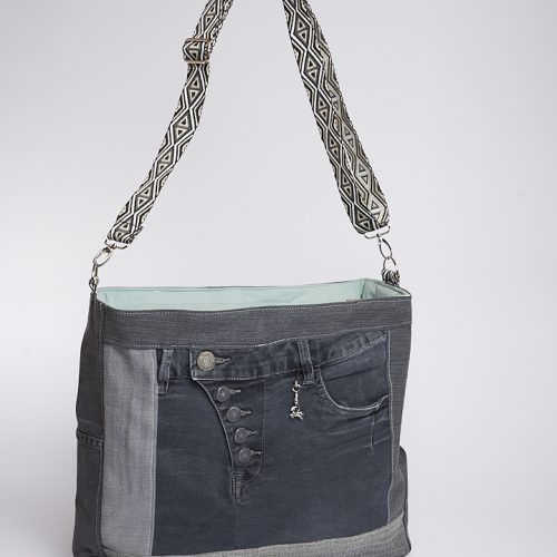 grosser upcycling Jeans Shopper grau | mint